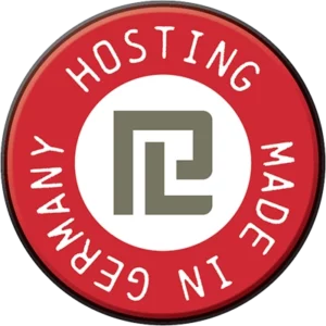 Roter Kreis mit weißer Mitte. In der Mitte partimus Logo im roten Kreis Text "Hosting Made in Germany".