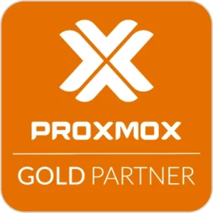 Orangenes Abzeichen mit weißer Schrift und dem "Proxmox Gold Partner" untereinander.