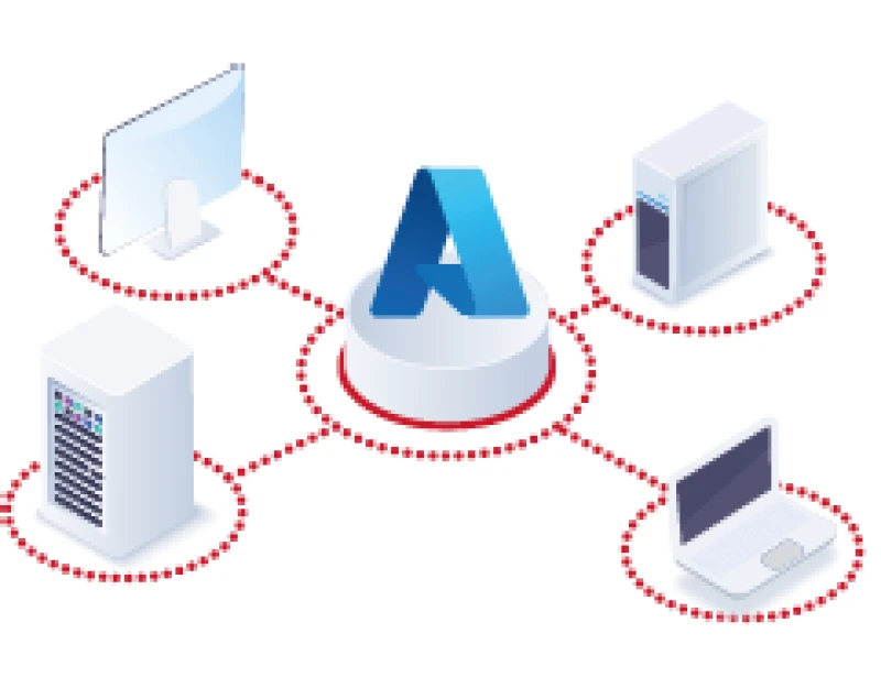 X-Förmiger Aufbau mit je einem PC oder Server an den vier Enden. In der Mitte steht das blaue A von Azure und verbindet alles über den Azure Virtual Desktop miteinander.