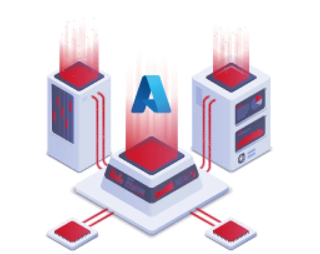 Grafik von zwei Servern, die über ein weiteres Gerät mit Azure A darüber verbunden sind.