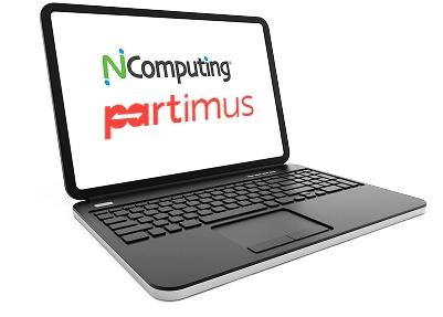 Laptop mit NComputing und partimus Logo auf dem Bildschirm