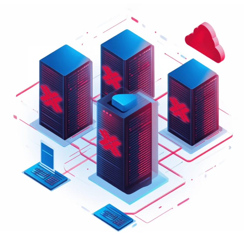 Grafik von vier Proxmox Servern, die ein Cluster bilden. Davor zwei Tastaturen, dahinter eine rote Cloud.