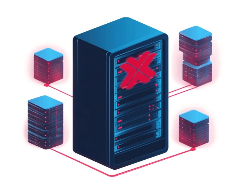 Grafik vom Proxmox Backup Server mit einem großen Server in der Mitte und kleinen drumrum, die über rote Linien miteinander verbunden sind.