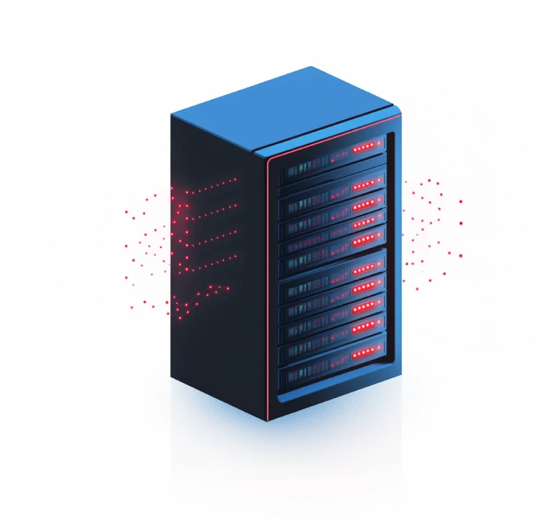 Grafik eines Proxmox Single-Node Server in dunkelgrau mit roten Lämpchen.