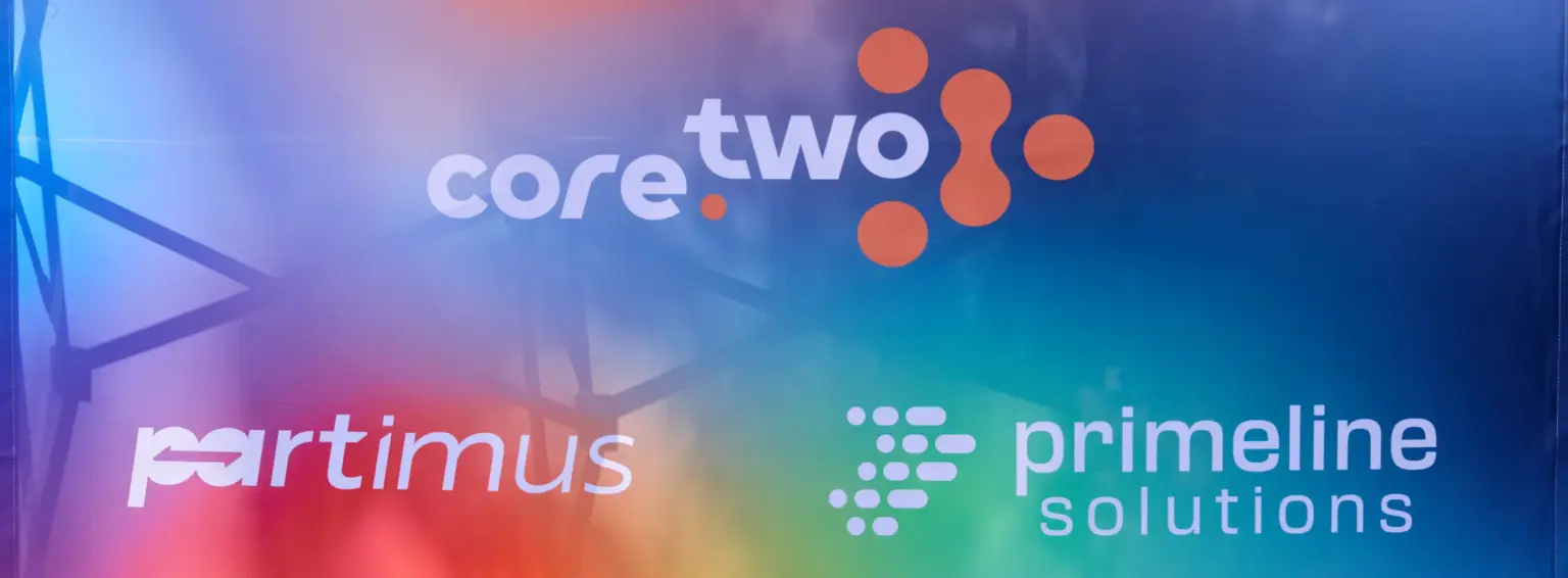 Banner mit den drei Logos der core.two Unternehmensgruppe: partimus, core.two und primeline solutions